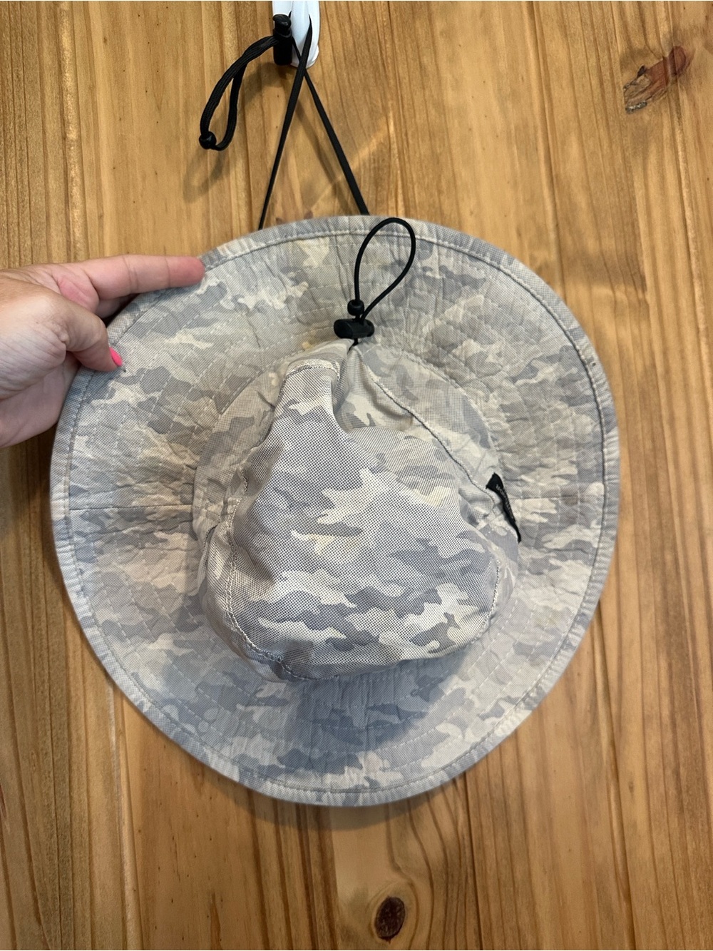 Neutral Gray Camo Wide-Brim Sun Hat with Adjustable Chin Cord